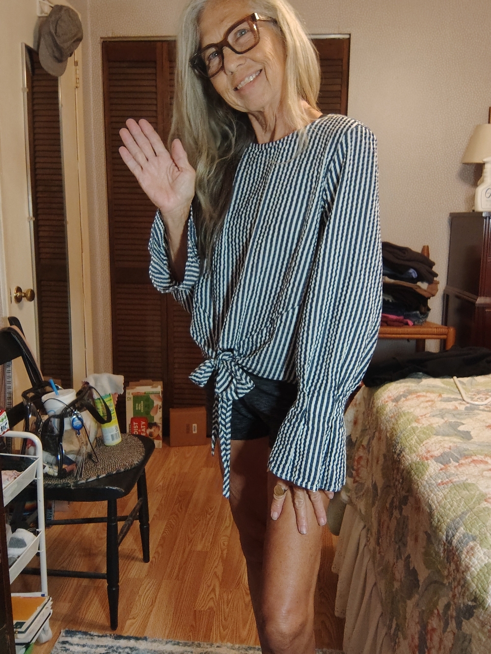 Women's Black & White Striped Tie-Front Blouse